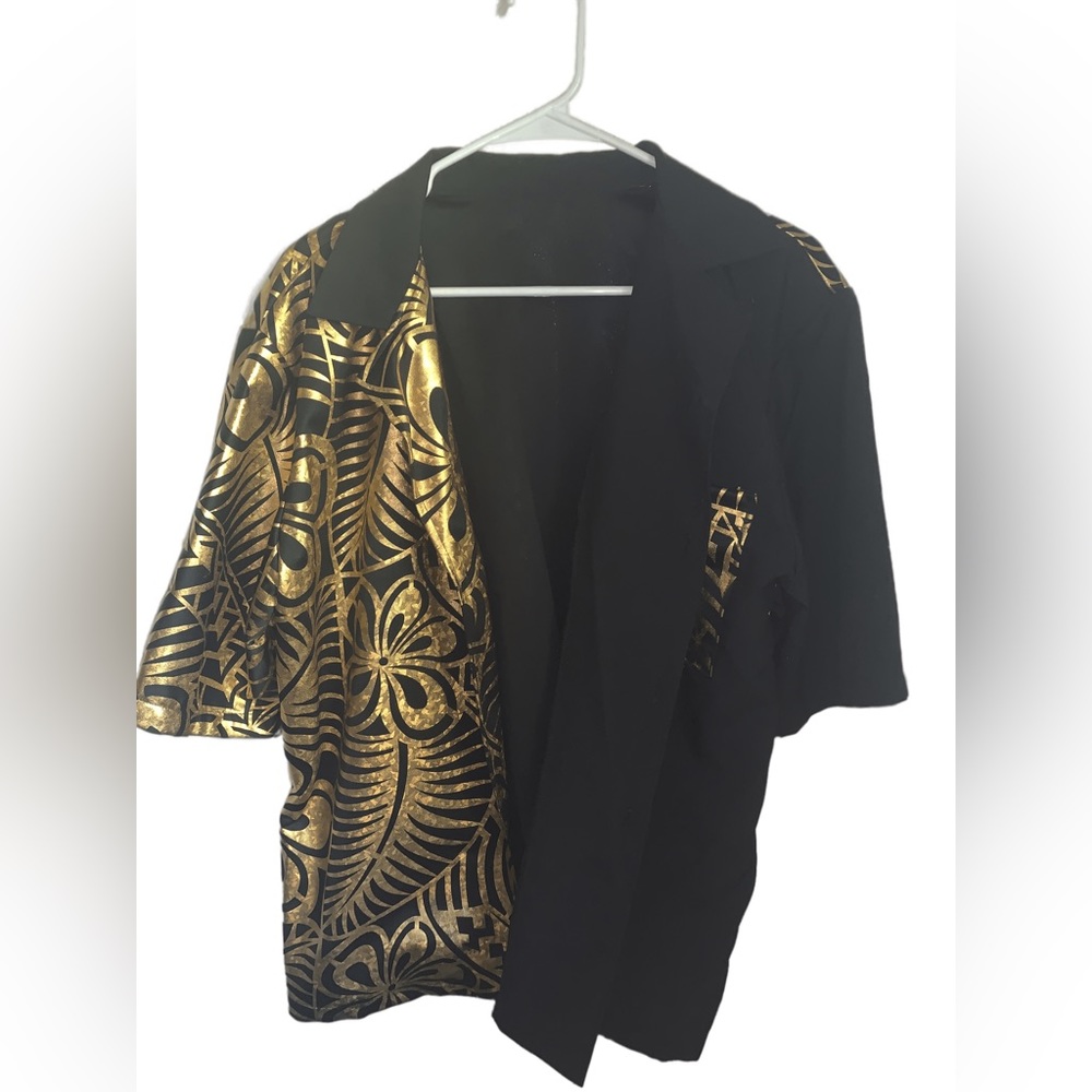 Custom black and gold tribal button up shirt.